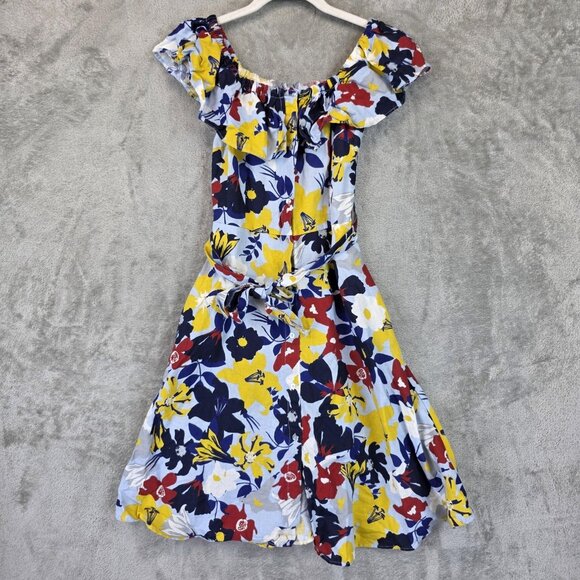 Zara Basic Dress Womens XS Multicolor Off Shoulder Ruffle Linen Summer Floral - Picture 1 of 9